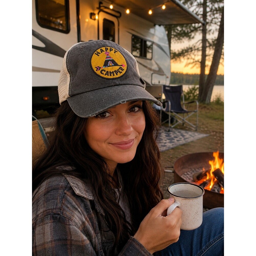 Happy Camper Snapback Mesh Back Trucker Hat Gray One Size Natural Life